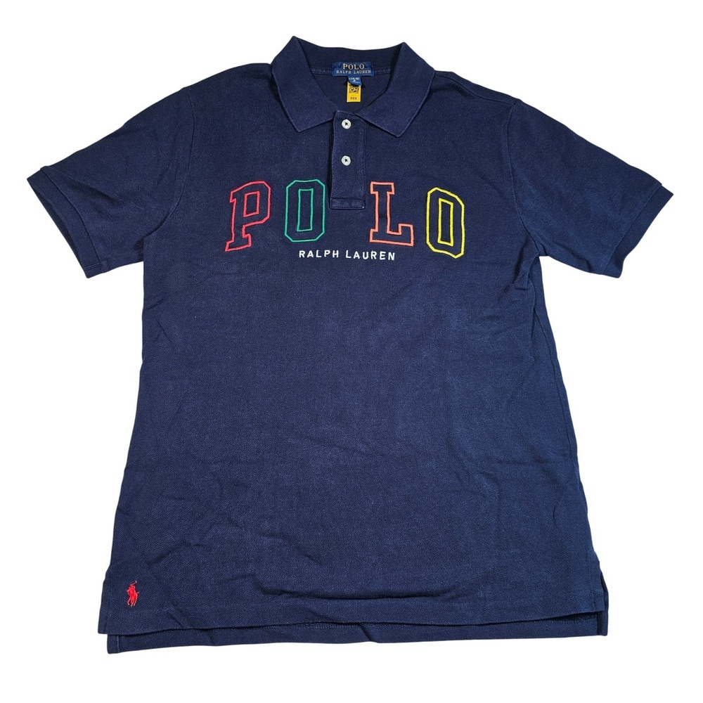 Polo Ralph Lauren Colorful Letter Logo Navy Blue Kids Polo Shirt L 14/16 Nwot